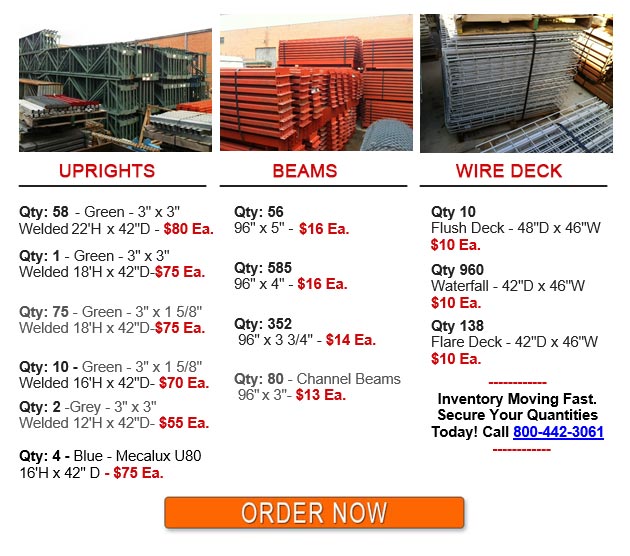 Used Pallet Rack Uprights, Beams, and Wire Decking - FOB Dallas TX