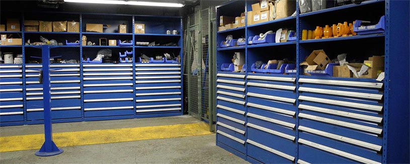 Rousseau auto parts storage with modular drawers for automotive service center