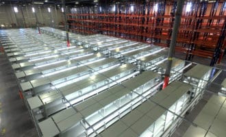 Inventory Shelving with Lighted Rows of Steel Back-to-Back Units