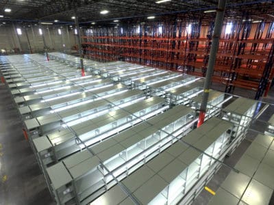 Inventory Shelving with Lighted Rows of Steel Back-to-Back Units