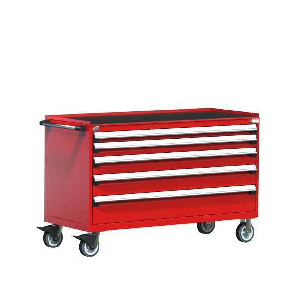 Heavy-Duty Mobile Cabinet (60"W x 24"D x 38 1/2"H), Steel Top with Rubber Mat, 5 Drawers with Partitions