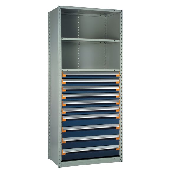 Shelving With Modular Drawers, 75W x Painted steelD x 24H, Shelving-Shelf Unit, 10-Drawers