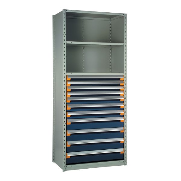 Shelving With Modular Drawers, 75W x Painted steelD x 24H, Shelving-Shelf Unit, 11-Drawers