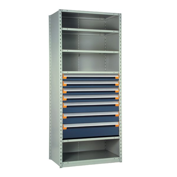 Shelving With Modular Drawers, 87W x Painted steelD x 24H, Shelving-Shelf Unit, 7-Drawers