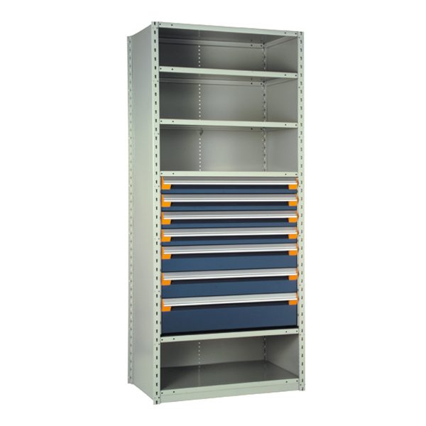 Shelving With Modular Drawers, 87W x Painted steelD x 18H, Shelving-Shelf Unit, 7-Drawers