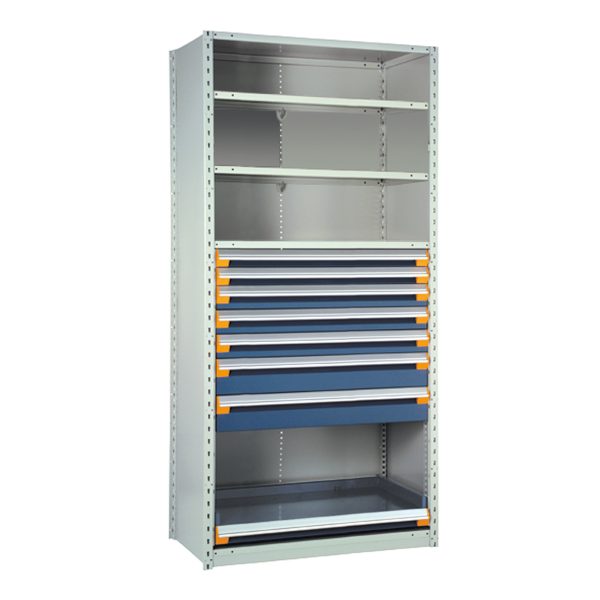 Shelving With Modular Drawers, 87W x Painted steelD x 18H, Shelving-Shelf Unit, 7-Drawers