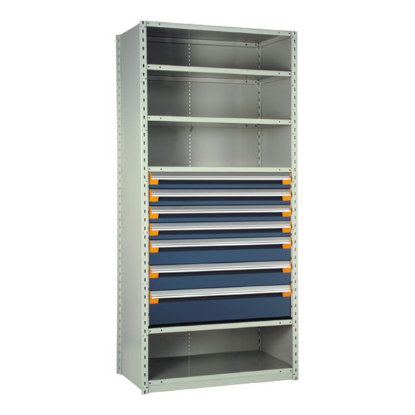 Shelving With Modular Drawers, 87W x Painted steelD x 24H, Shelving-Shelf Unit, 7-Drawers