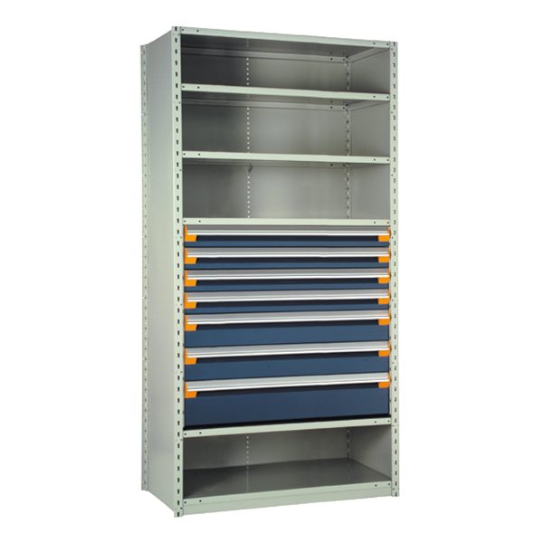 Shelving With Modular Drawers, 87W x Painted steelD x 18H, Shelving-Shelf Unit, 7-Drawers