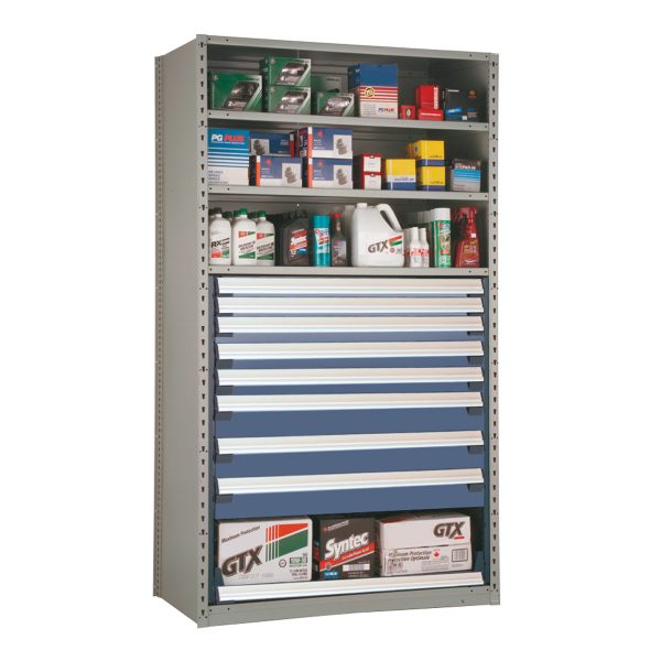 Shelving With Modular Drawers, 87W x Painted steelD x 24H, Shelving-Shelf Unit, 8-Drawers