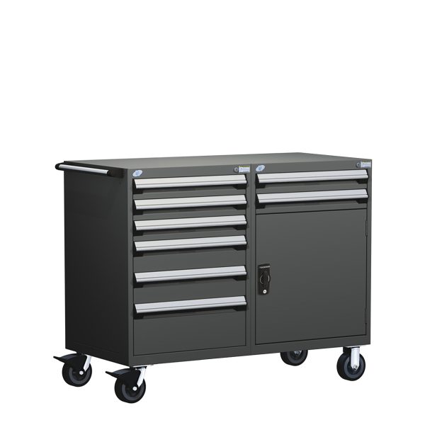 Heavy-Duty Mobile Cabinet, Double Bank (48"W x 27"D x 45 1/2"H),  Cabinet with Adjustable Shelf, 8 Drawers with Partitions