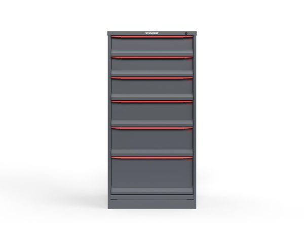 Modular Drawer 14 GA Storage Cabinet with 6 total drawers - 6" Drawers x2, 7" Drawers x1, 8" Drawers x1, 9" Drawers x1, 12" Drawers x1 - 3" Integrated Legs - 30 In. W x 29 In. D x 60 In H.