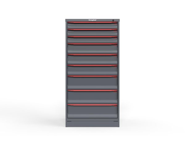 Modular Drawer 14 GA Storage Cabinet with 9 total drawers - 3" Drawers x3, 5" Drawers x3, 7" Drawers x3 - 3" Integrated Legs - 30 In. W x 29 In. D x 60 In H.