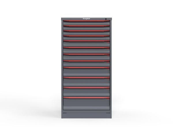 Modular Drawer 14 GA Storage Cabinet with 12 total drawers -2" Drawers x4, 3" Drawers x4, 5" Drawers x3, 7" Drawers x1 - 3" Integrated Legs - 30 In. W x 29 In. D x 60 In H.