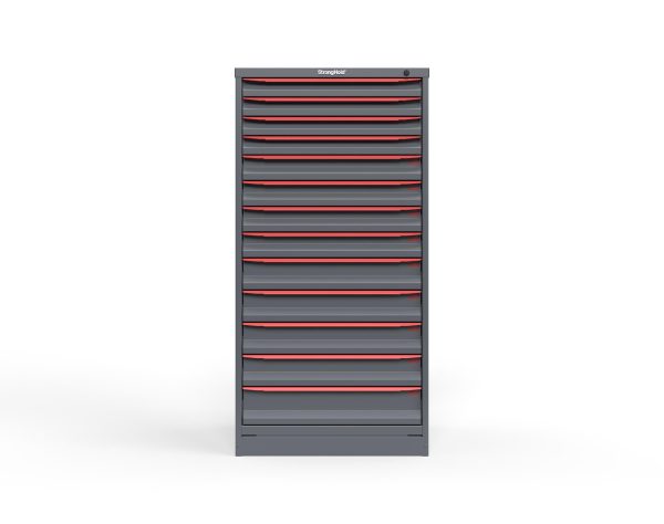 Modular Drawer 14 GA Storage Cabinet with 13 total drawers -2" Drawers x4, 3" Drawers x4, 4" Drawers x4, 5" Drawers x1 - 3" Integrated Legs - 30 In. W x 29 In. D x 60 In H.